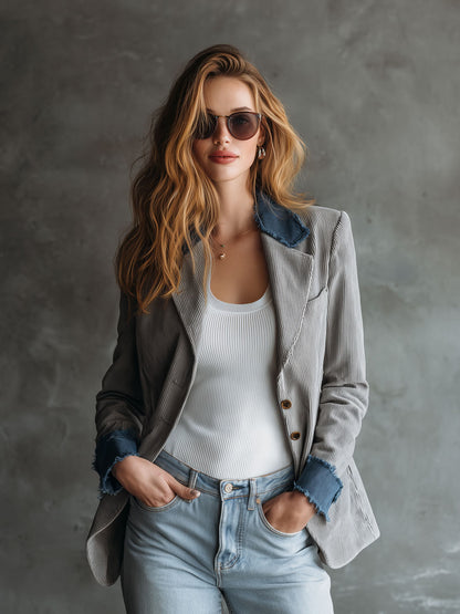 Casual Retro Frayed Blue Denim Gray Corduroy Blazer