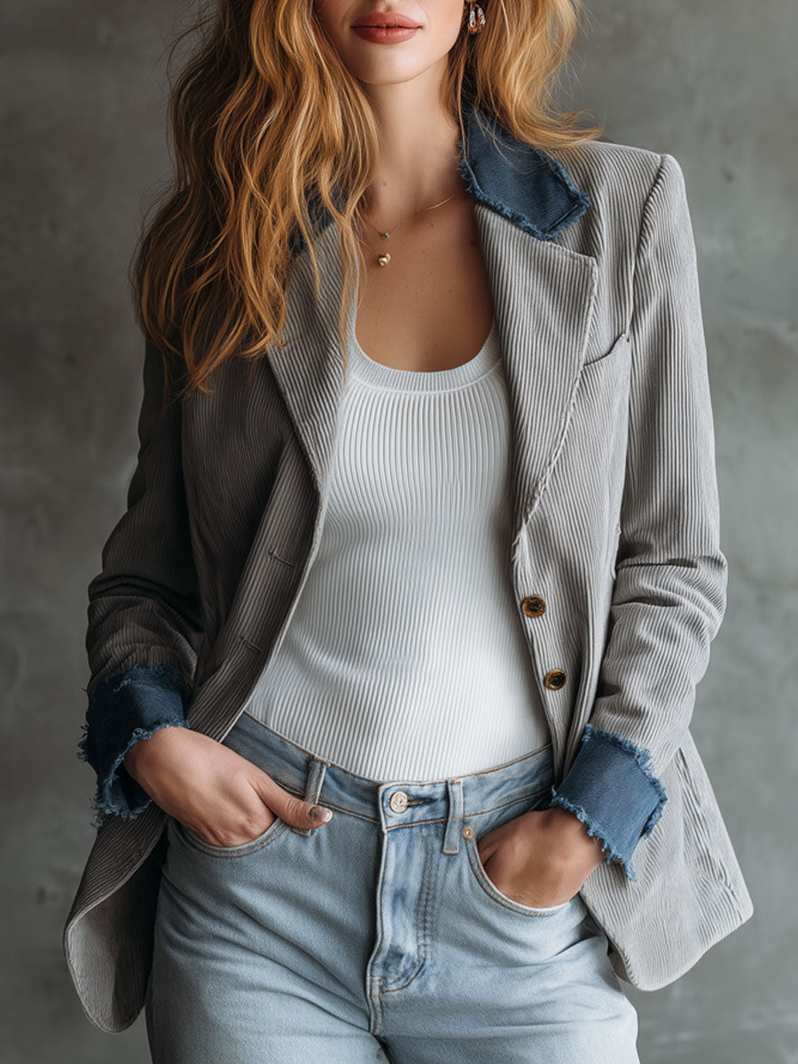 Casual Retro Frayed Blue Denim Gray Corduroy Blazer