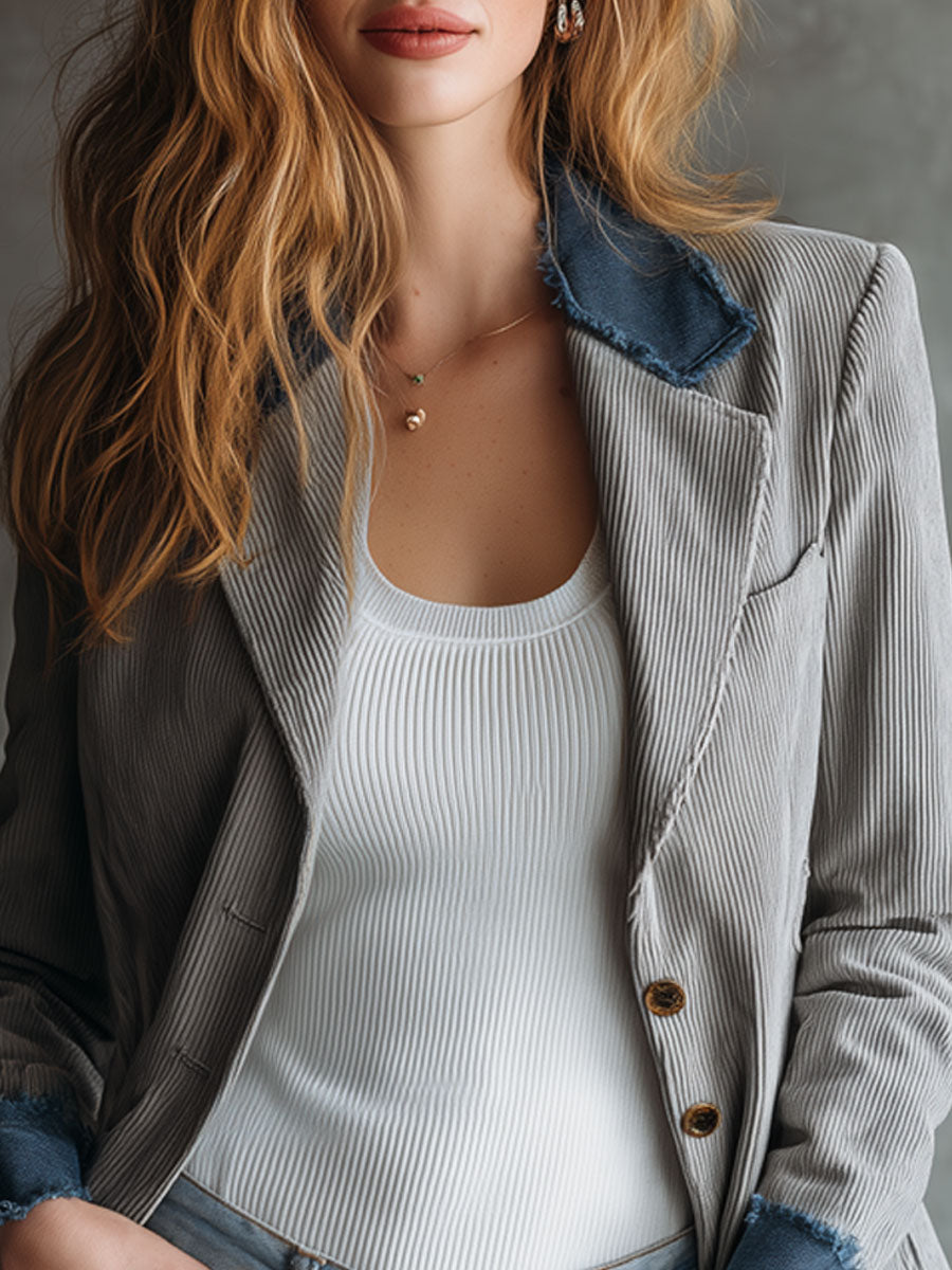 Casual Retro Frayed Blue Denim Gray Corduroy Blazer