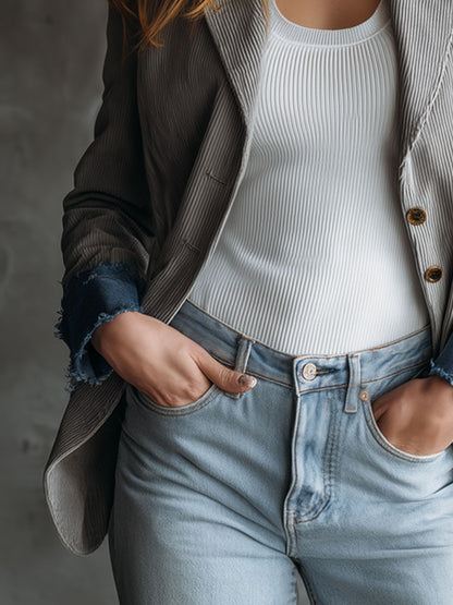 Casual Retro Frayed Blue Denim Gray Corduroy Blazer