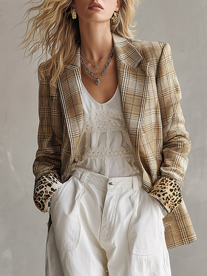 Retro-chic Khaki Plaid Faux-suede Blazer