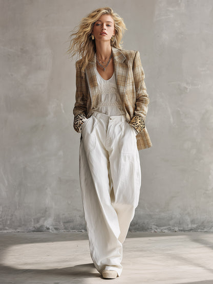 Retro-chic Khaki Plaid Faux-suede Blazer