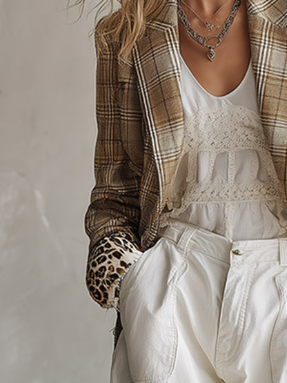 Retro-chic Khaki Plaid Faux-suede Blazer