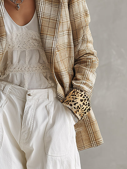 Retro-chic Khaki Plaid Faux-suede Blazer