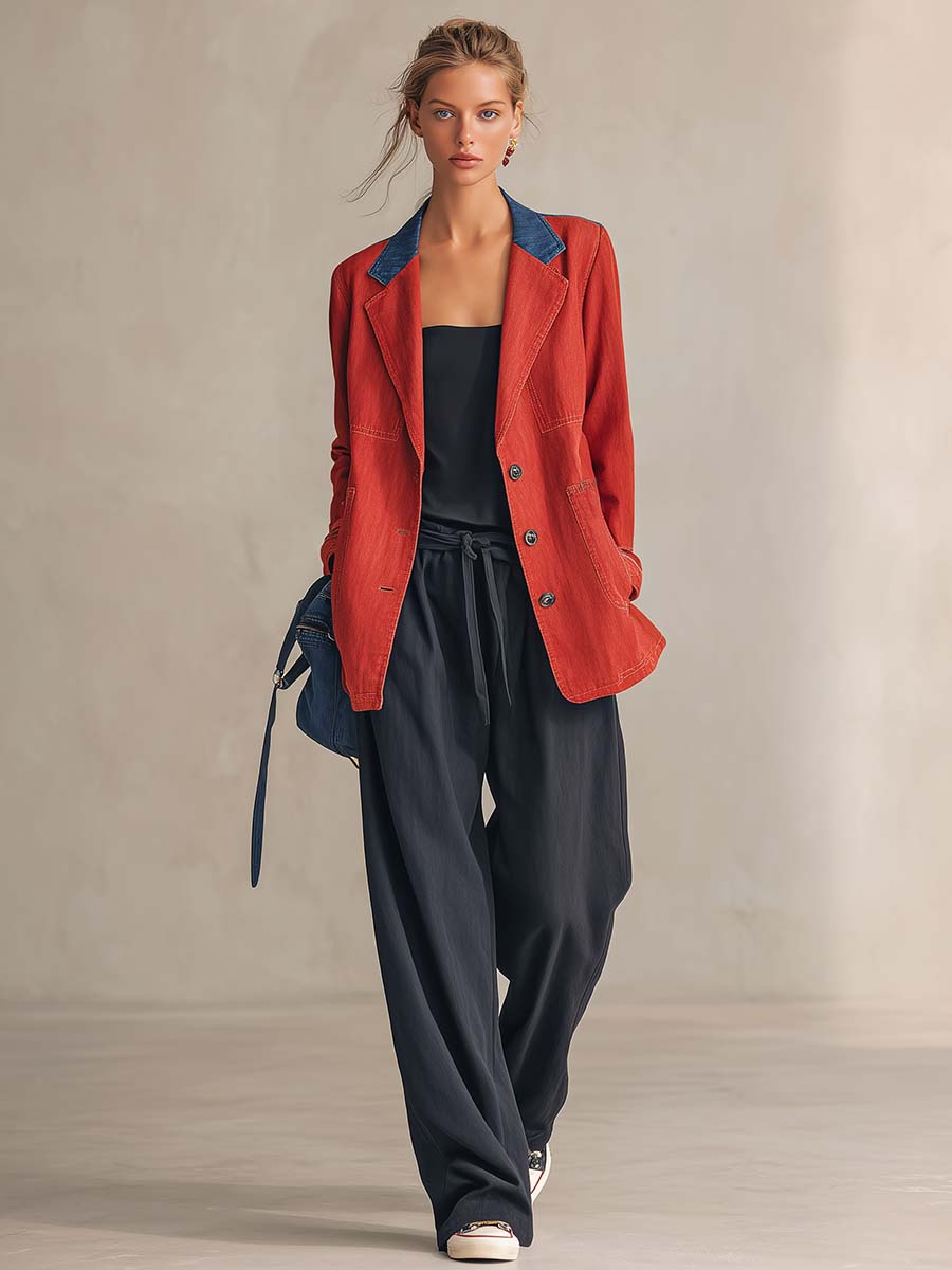 Western Red Denim Contrast-Collar Single-Breasted Oversized Blazer Jacket With Pockets