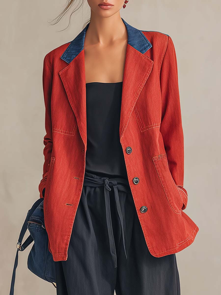 Western Red Denim Contrast-Collar Single-Breasted Oversized Blazer Jacket With Pockets
