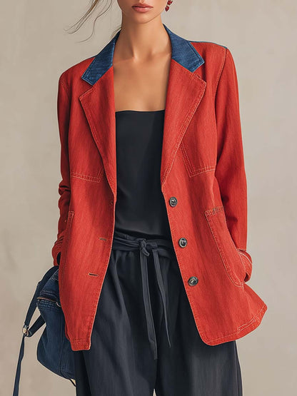 Western Red Denim Contrast-Collar Single-Breasted Oversized Blazer Jacket With Pockets