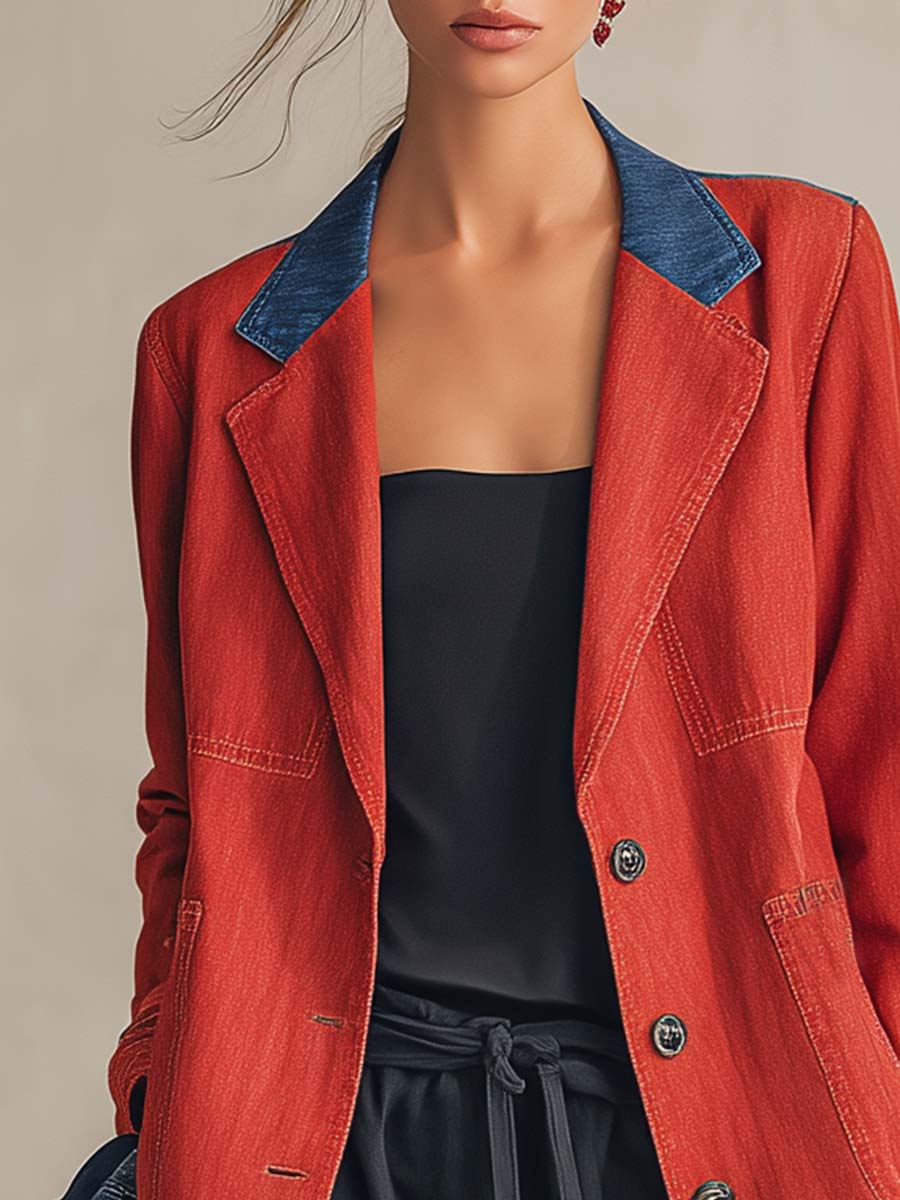 Western Red Denim Contrast-Collar Single-Breasted Oversized Blazer Jacket With Pockets