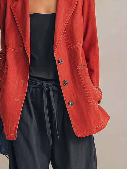 Western Red Denim Contrast-Collar Single-Breasted Oversized Blazer Jacket With Pockets