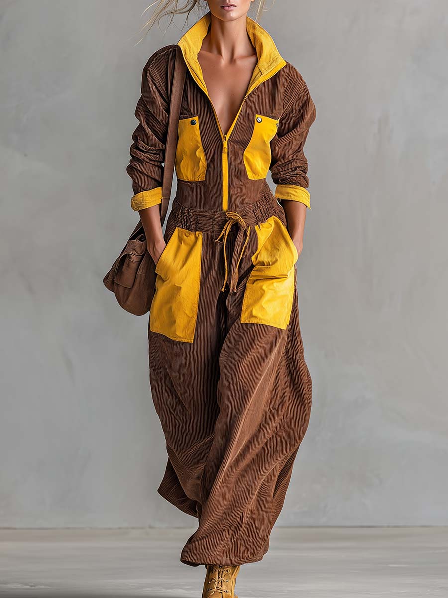 Retro Brown Mustard Color-Block Corduroy Zip-Front Wide-Leg Cargo Jumpsuit