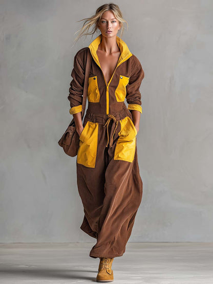 Retro Brown Mustard Color-Block Corduroy Zip-Front Wide-Leg Cargo Jumpsuit