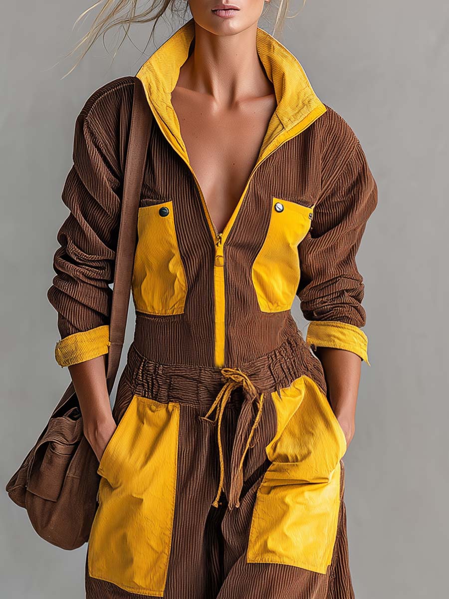 Retro Brown Mustard Color-Block Corduroy Zip-Front Wide-Leg Cargo Jumpsuit