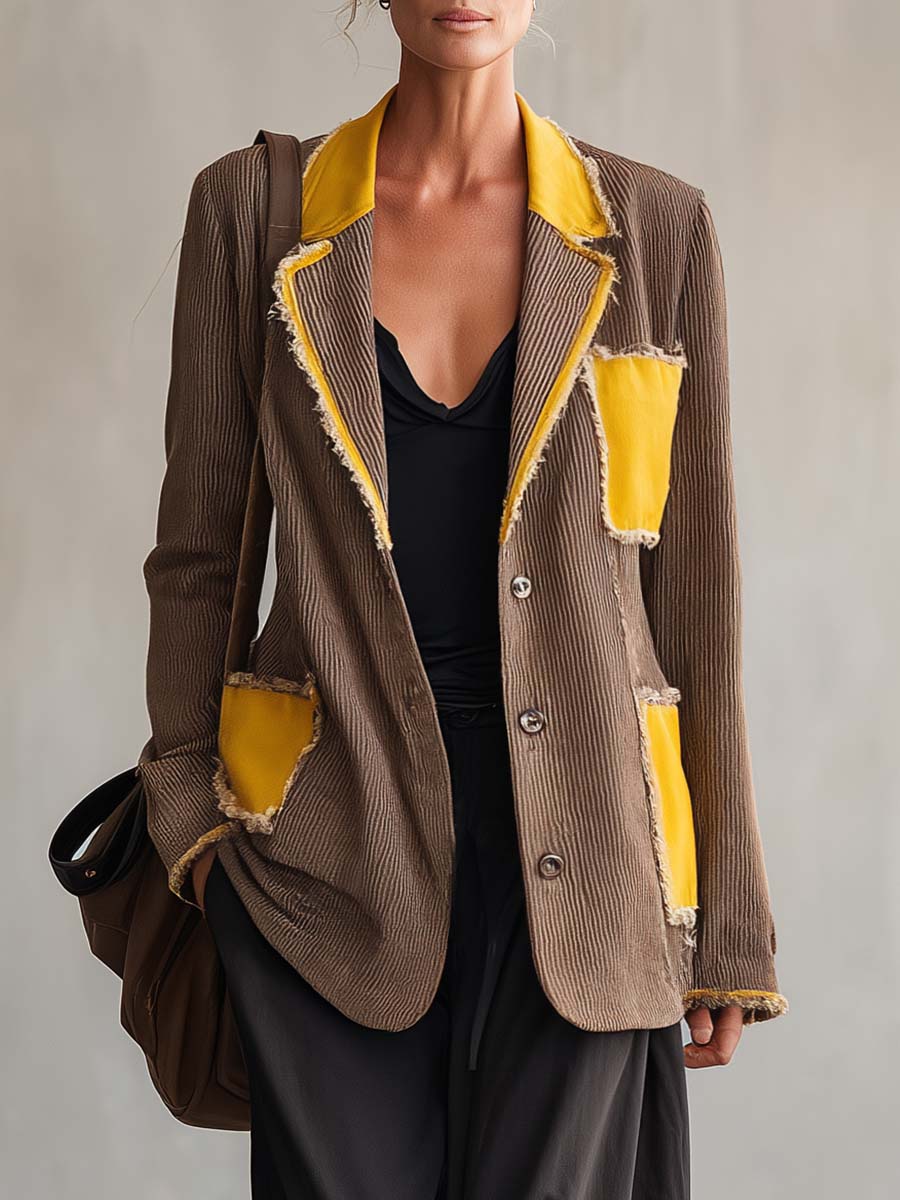 Retro Brown Mustard Color-Block Corduroy Frayed Single-Breasted Oversized Blazer