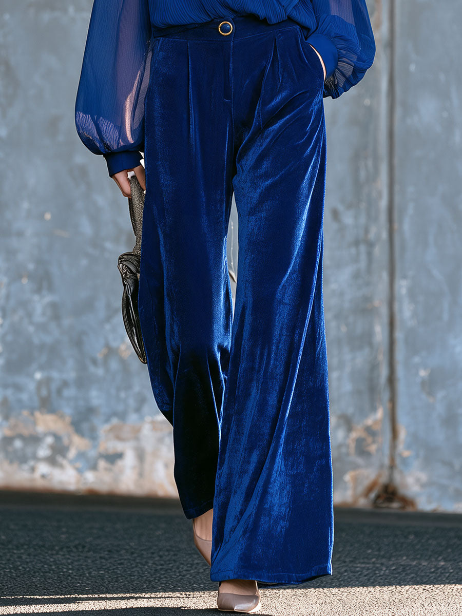 Retro-elegant Royal Blue Chiffon Blouse And Velvet Wide-leg Trousers Set