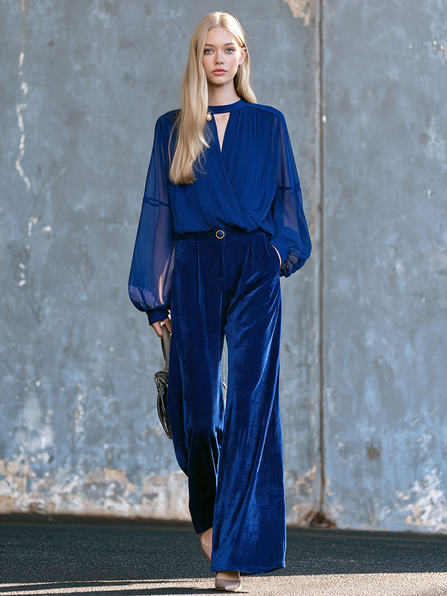 Retro-elegant Royal Blue Chiffon Blouse And Velvet Wide-leg Trousers Set
