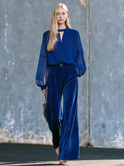 Retro-elegant Royal Blue Chiffon Blouse And Velvet Wide-leg Trousers Set
