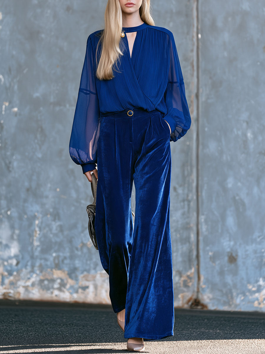 Retro-elegant Royal Blue Chiffon Blouse And Velvet Wide-leg Trousers Set