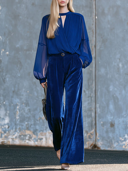 Retro-elegant Royal Blue Chiffon Blouse And Velvet Wide-leg Trousers Set