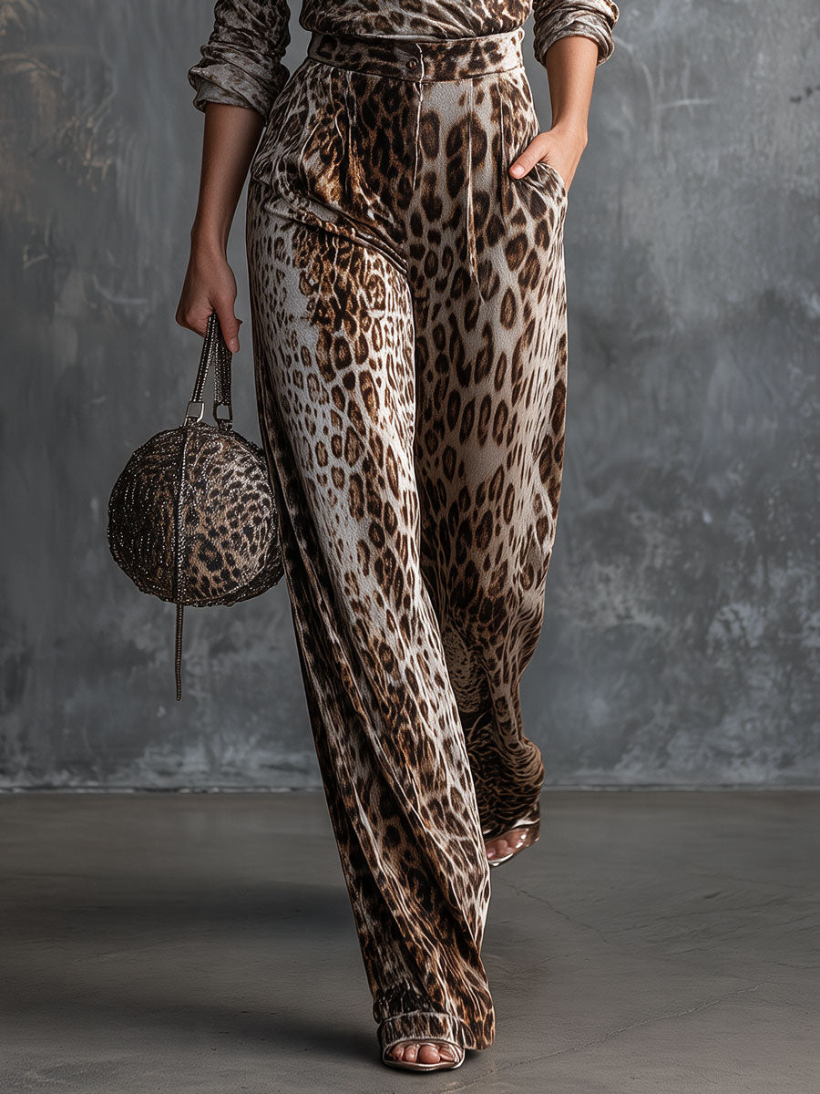 Vintage Brown Leopard Print Long-sleeved Velvet Top And Pants Set