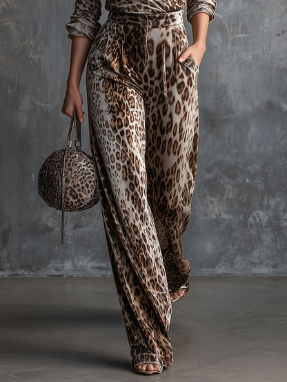 Vintage Brown Leopard Print Long-sleeved Velvet Top And Pants Set