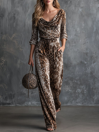 Vintage Brown Leopard Print Long-sleeved Velvet Top And Pants Set