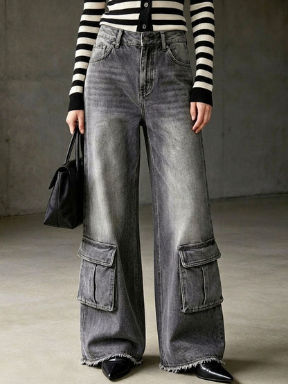 Casual Retro Frayed Gray Cargo Jeans