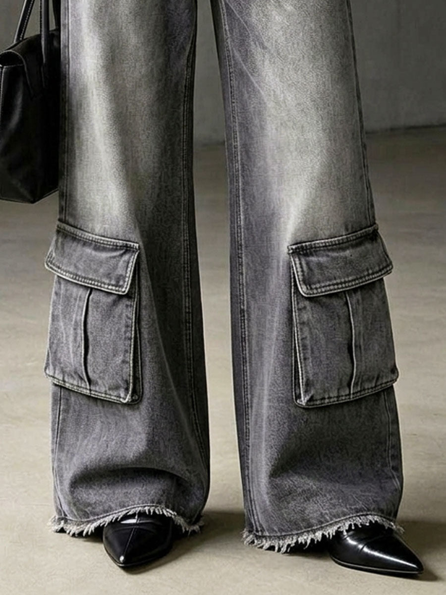 Casual Retro Frayed Gray Cargo Jeans