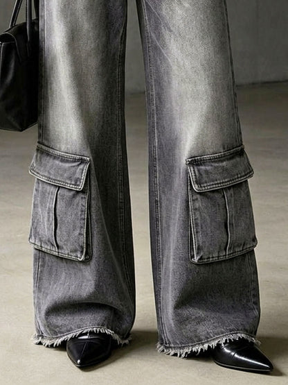 Casual Retro Frayed Gray Cargo Jeans