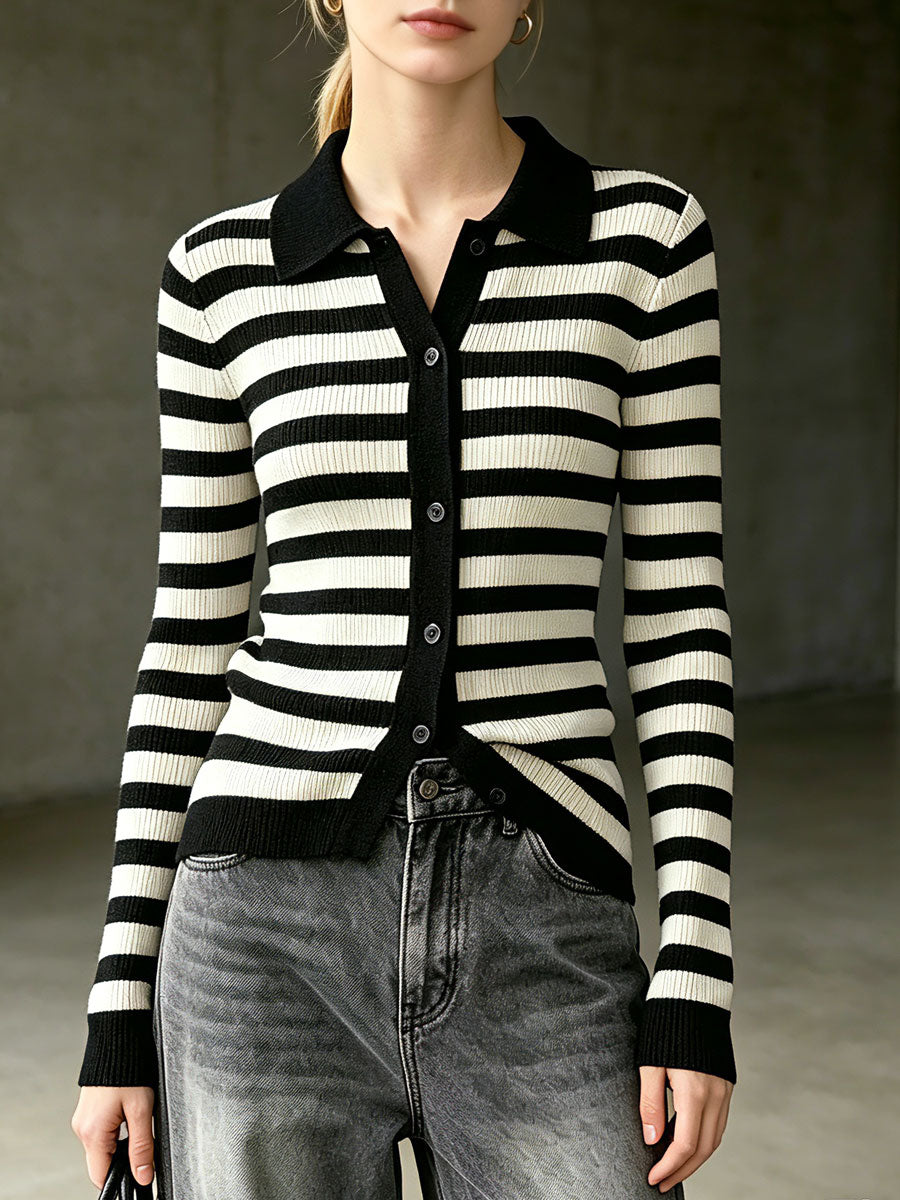 Casual Retro Black And White Striped Knit Cardigan