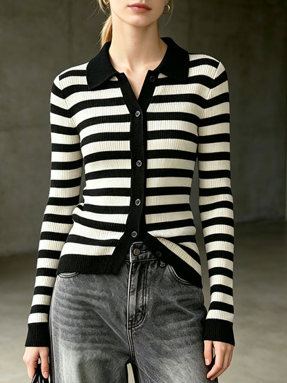 Casual Retro Black And White Striped Knit Cardigan