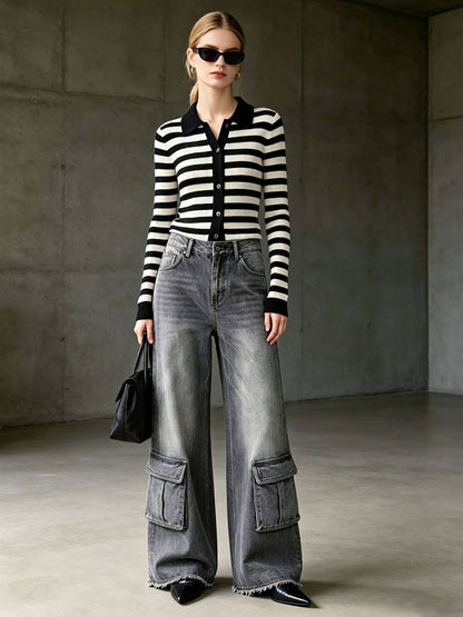 Casual Retro Black And White Striped Knit Cardigan