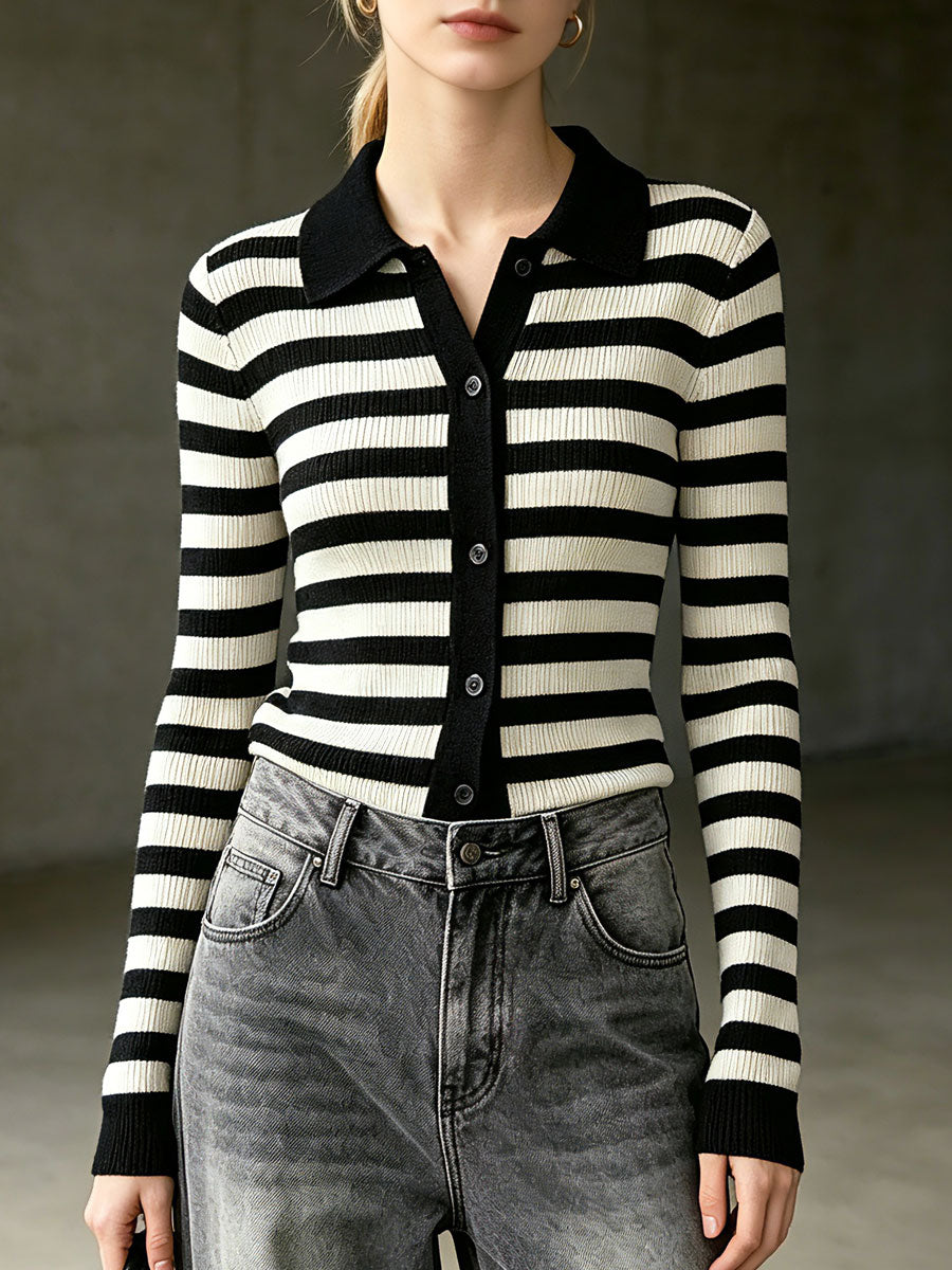 Casual Retro Black And White Striped Knit Cardigan