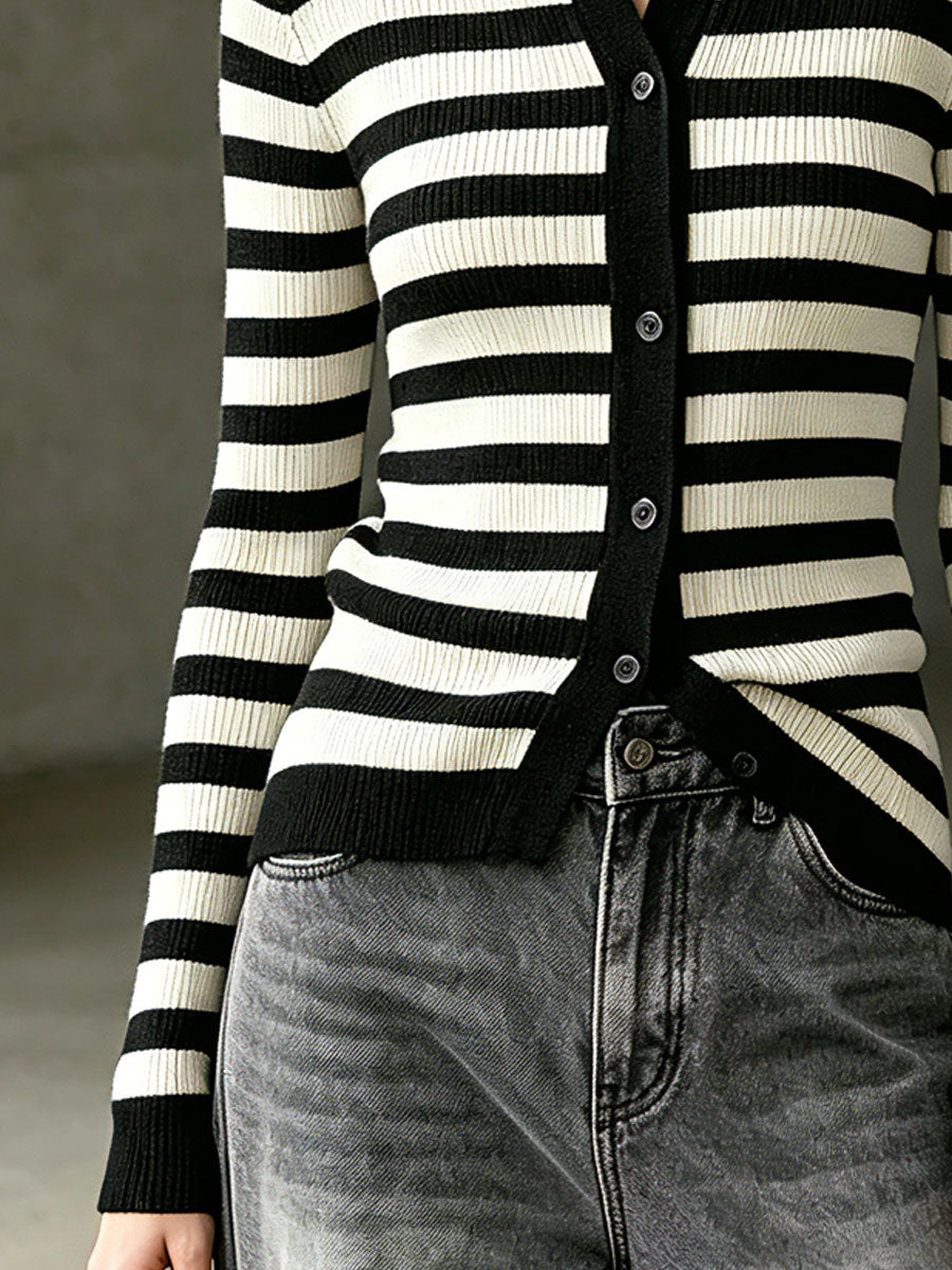 Casual Retro Black And White Striped Knit Cardigan
