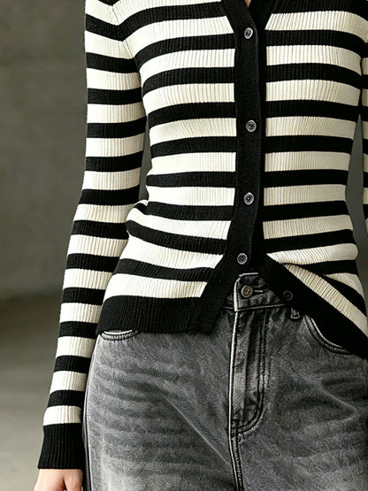 Casual Retro Black And White Striped Knit Cardigan