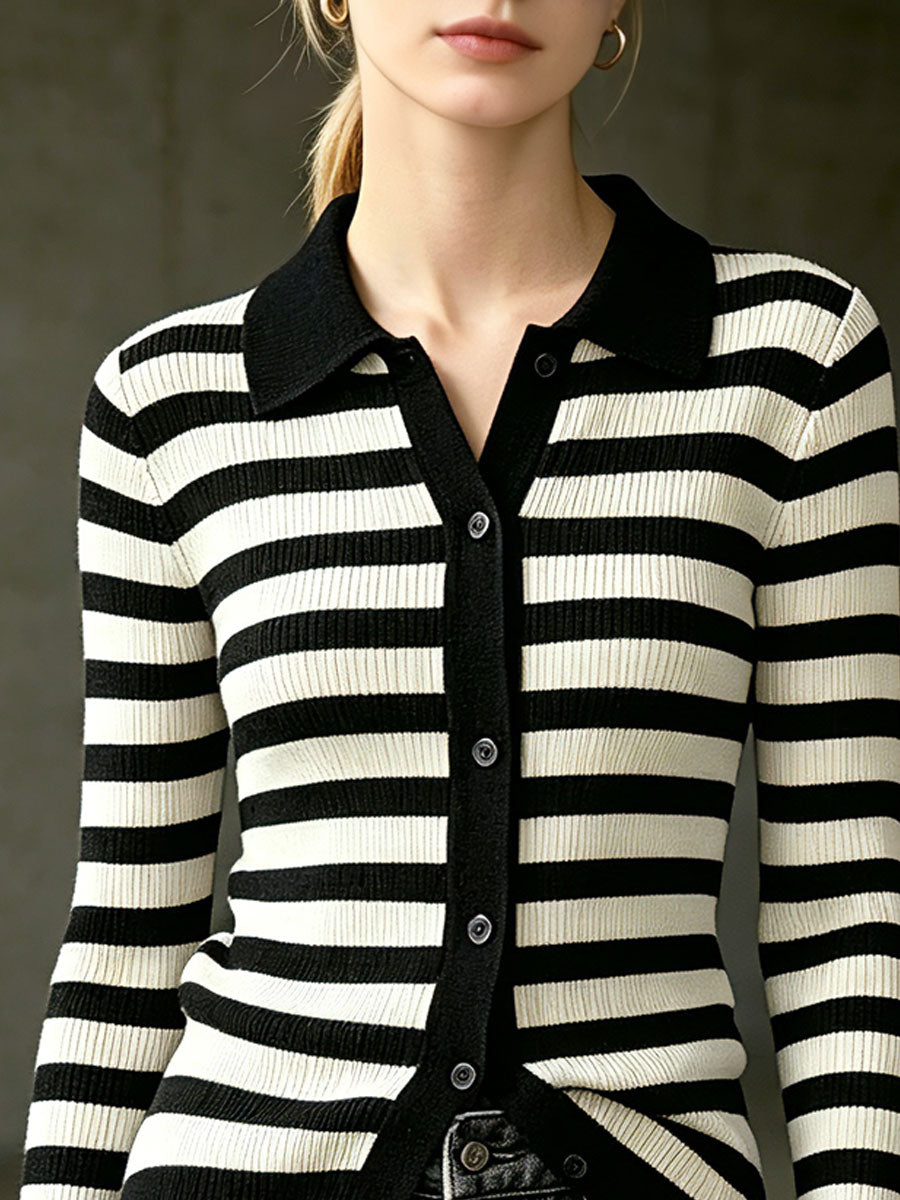 Casual Retro Black And White Striped Knit Cardigan