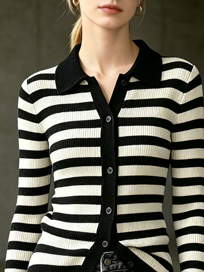 Casual Retro Black And White Striped Knit Cardigan