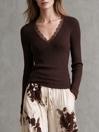 Retro-elegant Brown Knit Top And Vintage-print Chiffon Wide-leg Pants Set