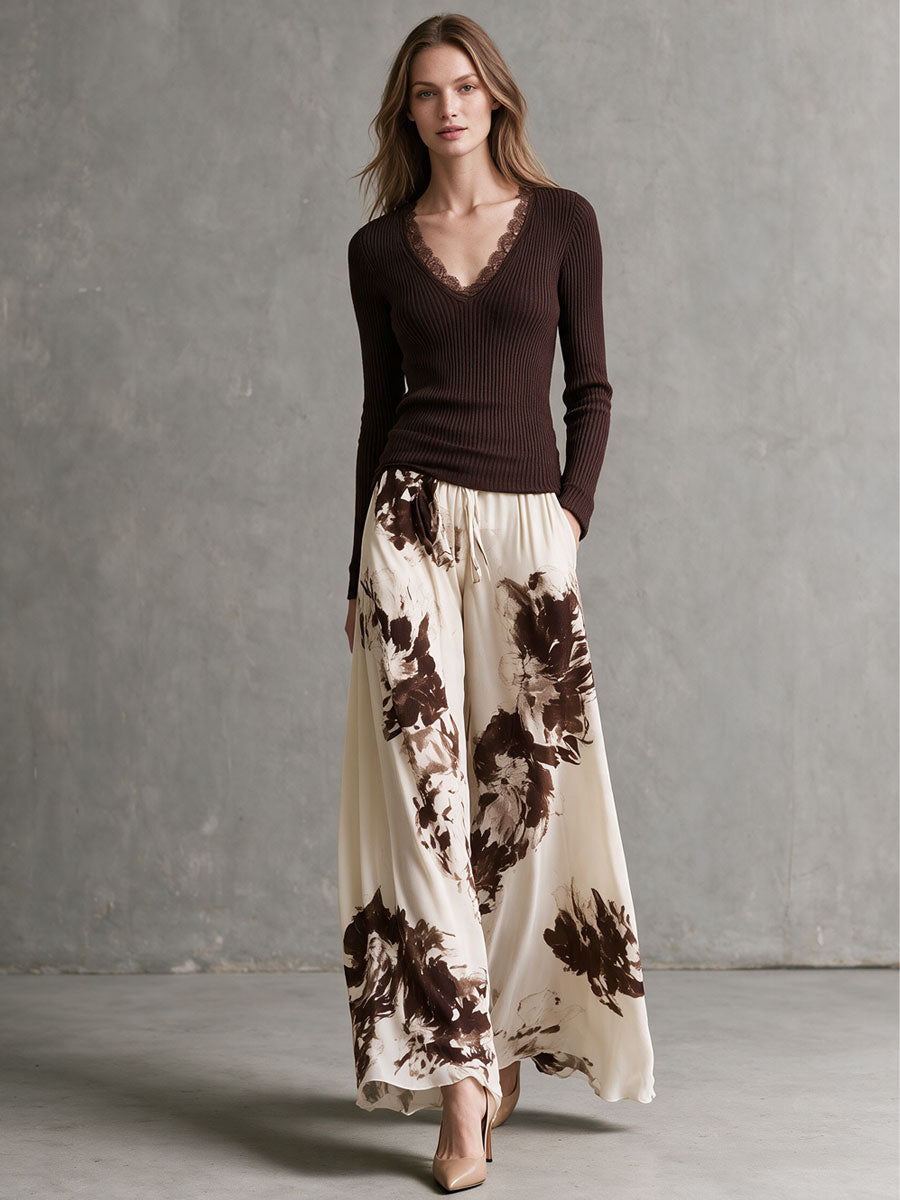 Retro-elegant Brown Knit Top And Vintage-print Chiffon Wide-leg Pants Set