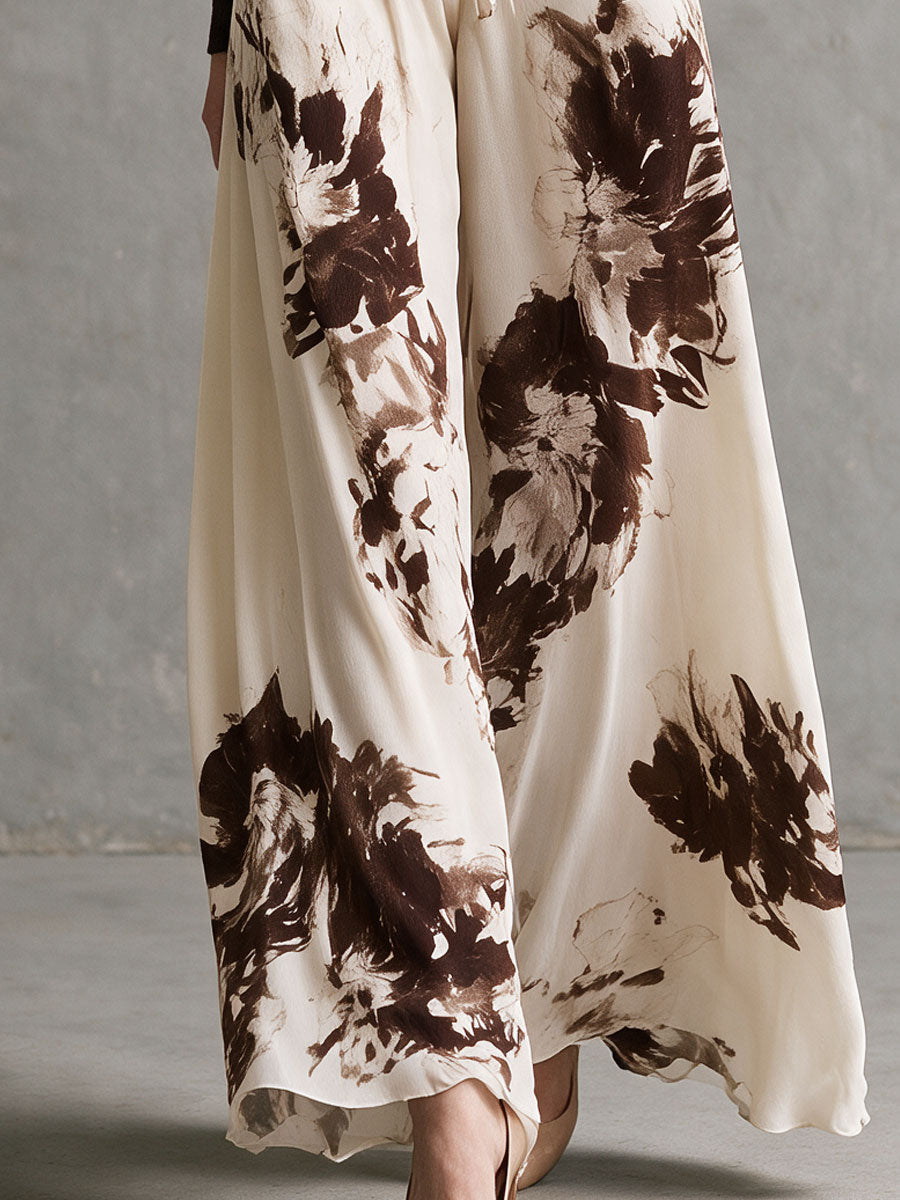 Retro-elegant Brown Knit Top And Vintage-print Chiffon Wide-leg Pants Set