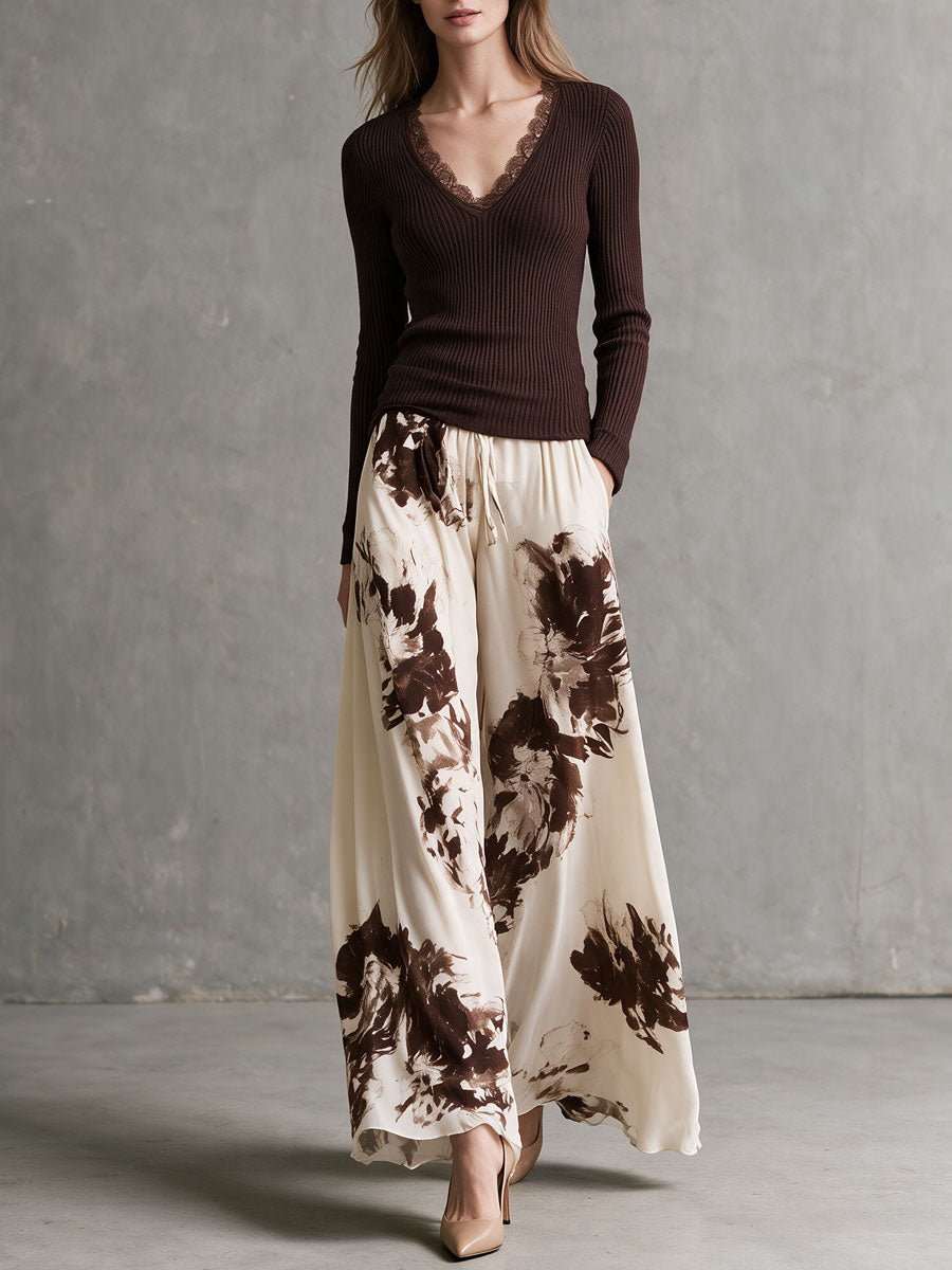 Retro-elegant Brown Knit Top And Vintage-print Chiffon Wide-leg Pants Set
