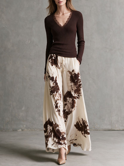 Retro-elegant Brown Knit Top And Vintage-print Chiffon Wide-leg Pants Set
