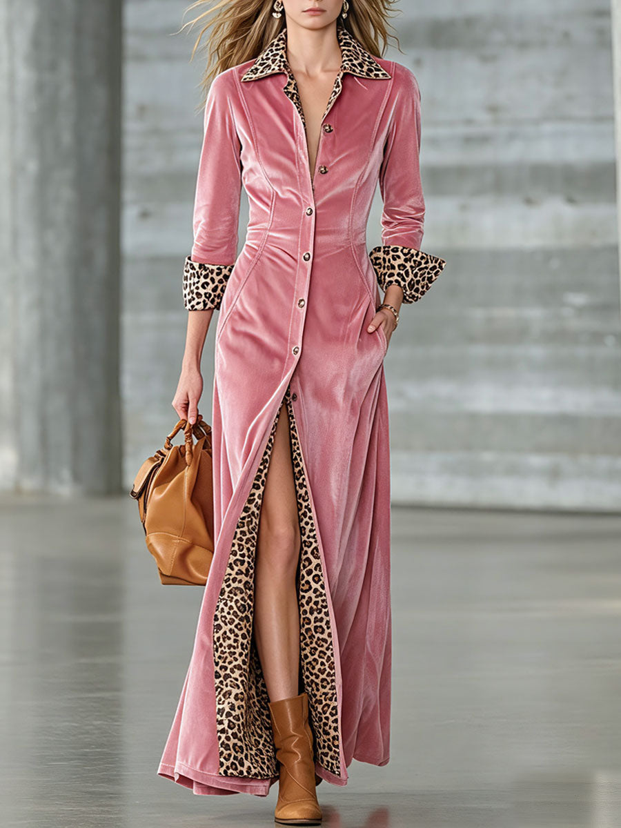 Elegant And Stylish Retro Leopard Print Patchwork Pink Velvet Maxi Dress