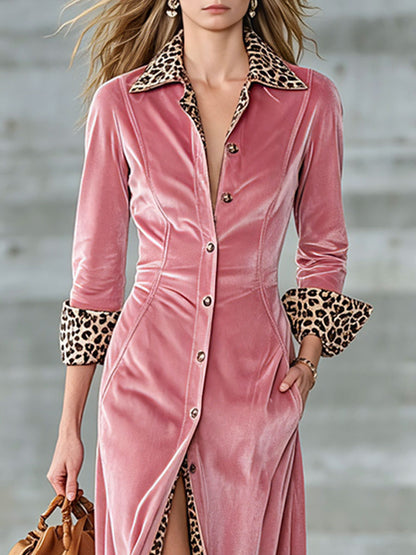 Elegant And Stylish Retro Leopard Print Patchwork Pink Velvet Maxi Dress