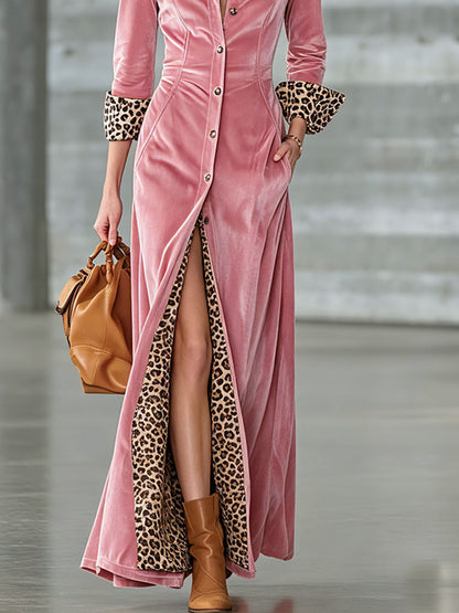 Elegant And Stylish Retro Leopard Print Patchwork Pink Velvet Maxi Dress