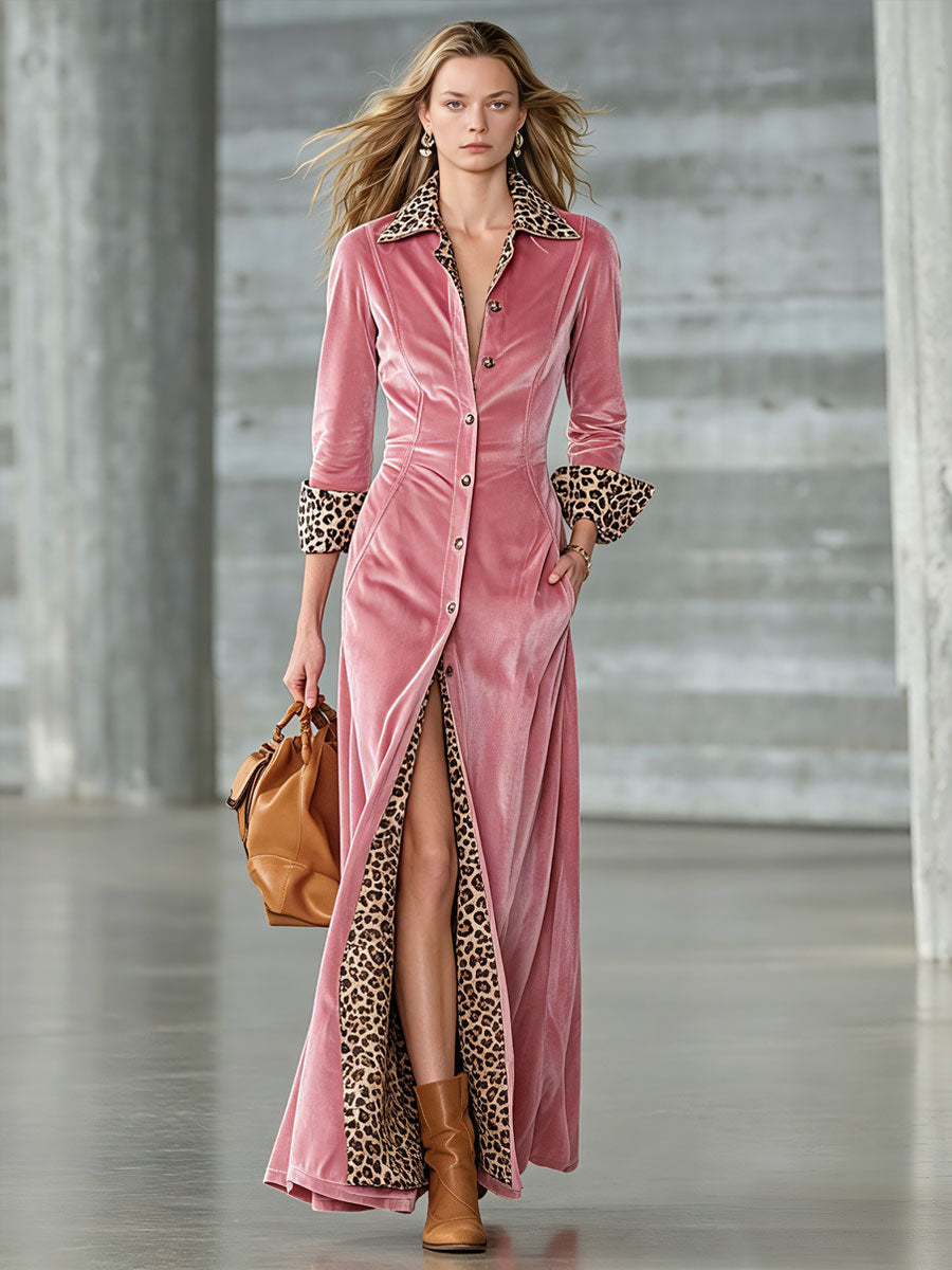 Elegant And Stylish Retro Leopard Print Patchwork Pink Velvet Maxi Dress