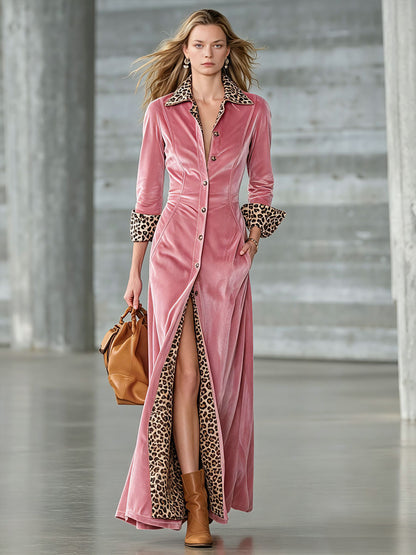 Elegant And Stylish Retro Leopard Print Patchwork Pink Velvet Maxi Dress
