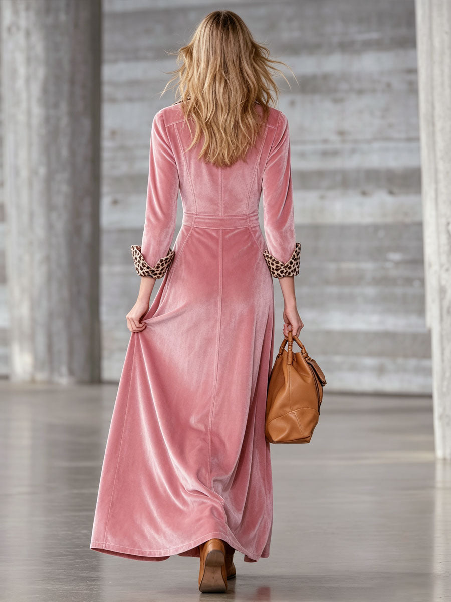 Elegant And Stylish Retro Leopard Print Patchwork Pink Velvet Maxi Dress