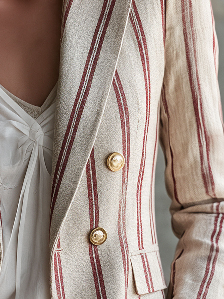 Retro Red Striped Beige Double-breasted Cotton-linen Blazer