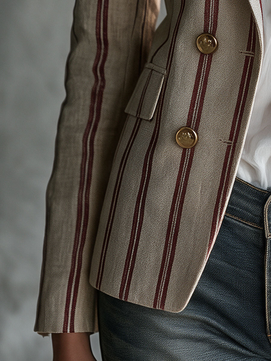 Retro Red Striped Beige Double-breasted Cotton-linen Blazer
