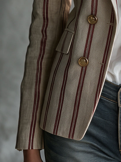 Retro Red Striped Beige Double-breasted Cotton-linen Blazer
